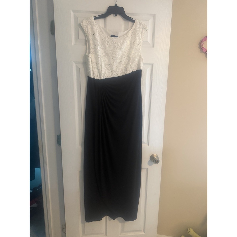 Connected Apparel Lace Faux-Wrap Maxi Dress - White/Black - Size 14